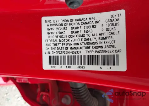 2017 Honda Civic Ex-T из США, поврежденный, VIN 2HGFC1F35HH659337